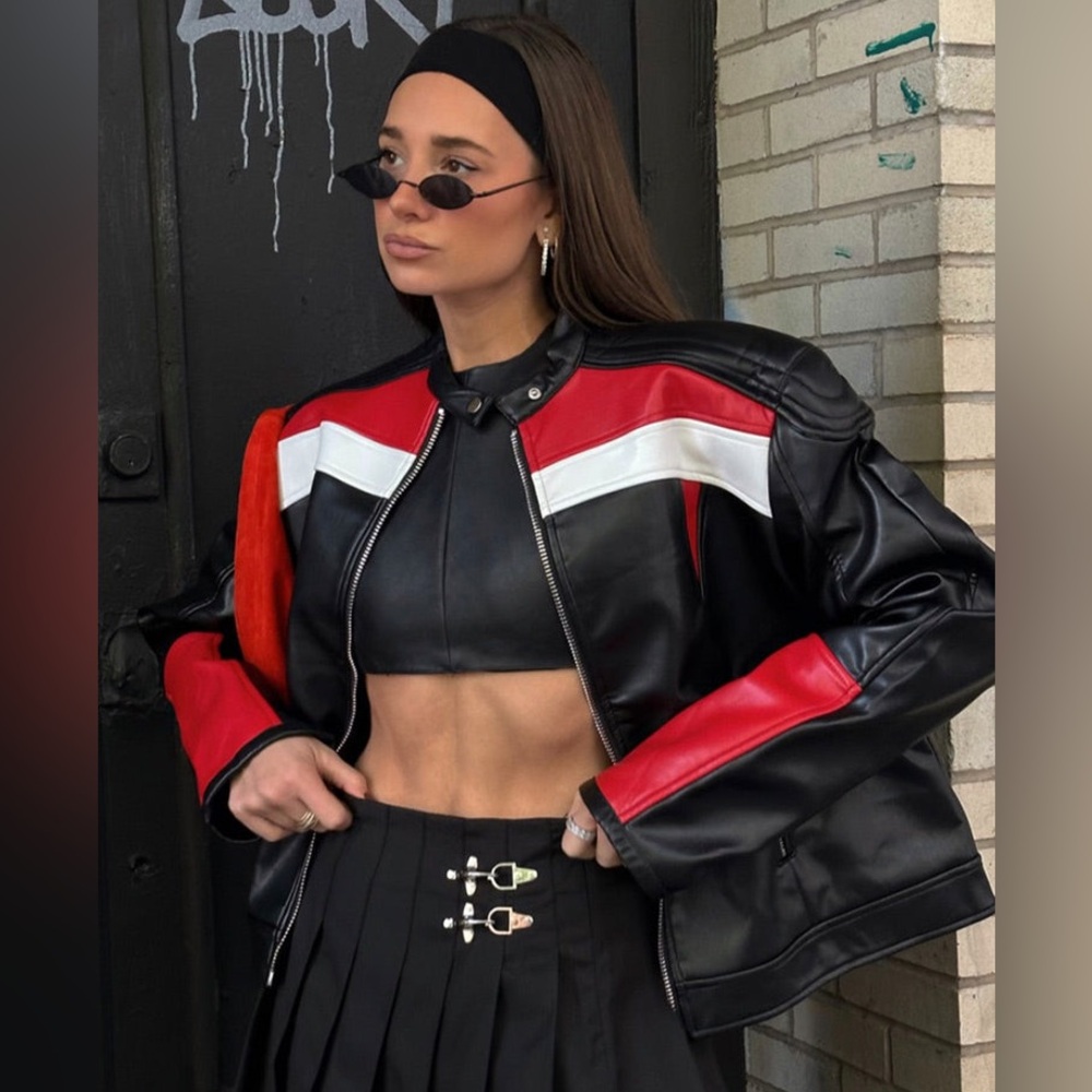 Lioness Black & Red Moto Leather Jacket